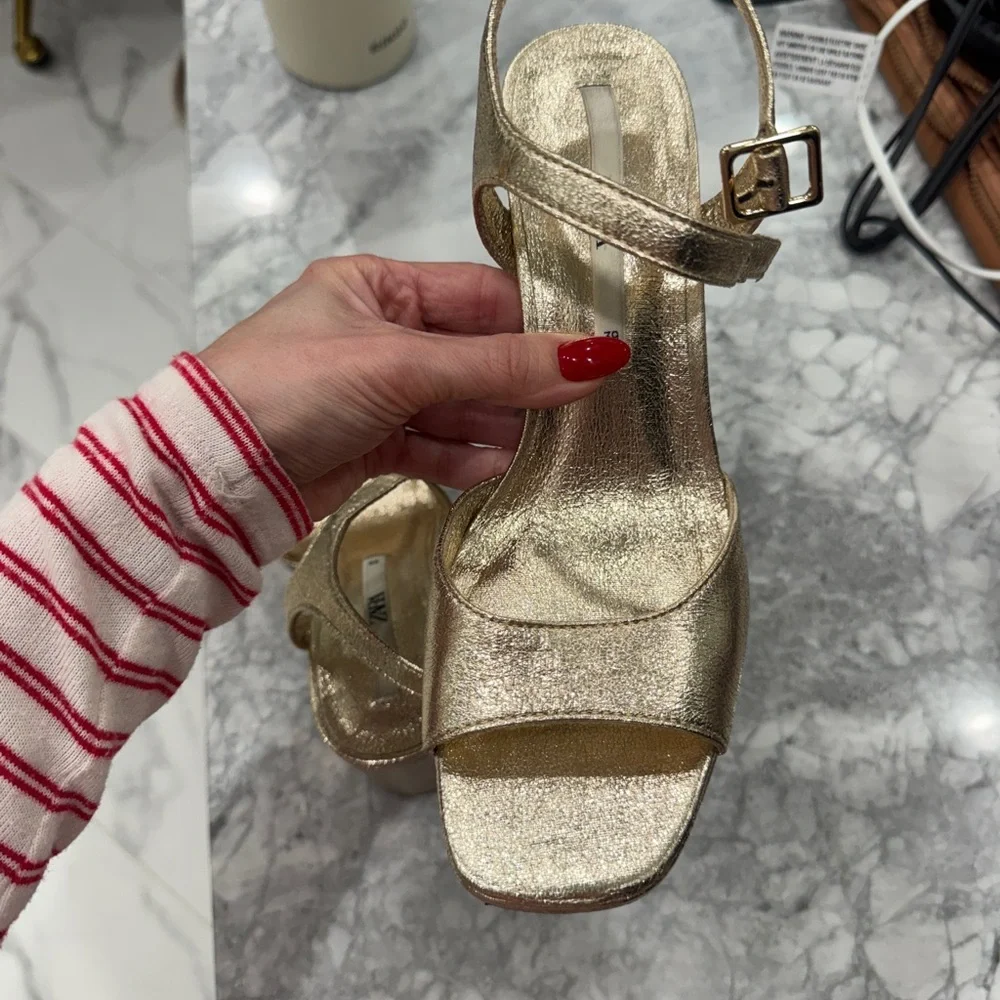 Zara Metallic Gold Block Heel Sandals - Picture 7 of 9